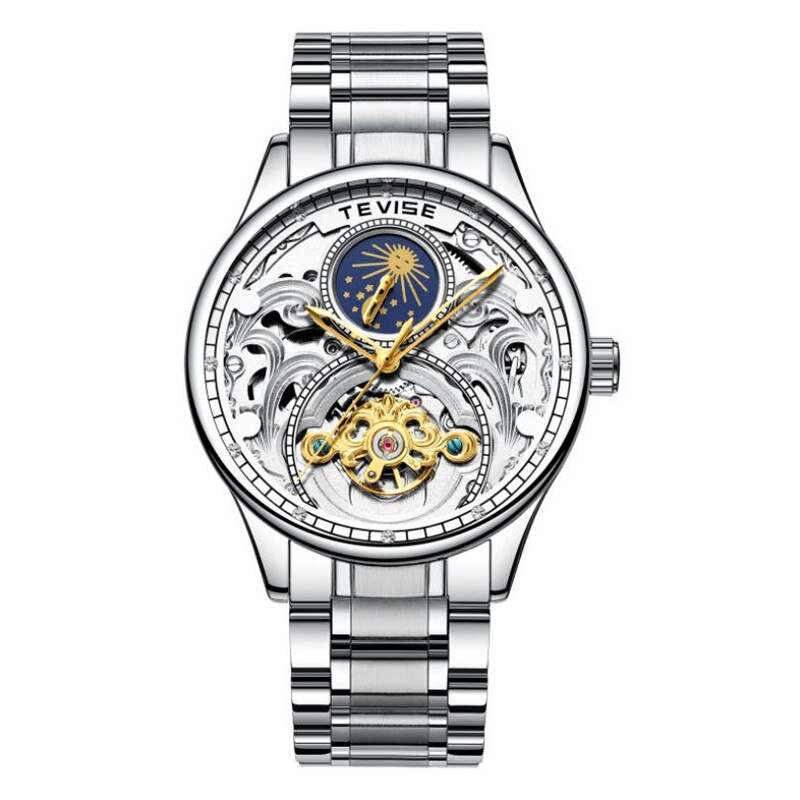 Montre TEVISE phase de lune tourbillon creux automatique mécanique en acier inoxydable poignet hommes montres main bracelet montre: Color 07