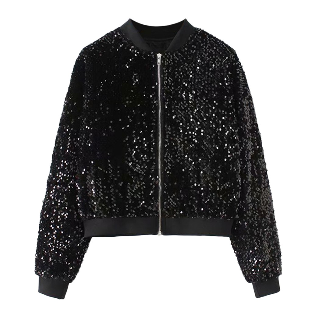 coats and jackets women winter Sequin Jacket Sparkle Long Sleeve Outerwear Loose Pocket Coat2019#3: Black