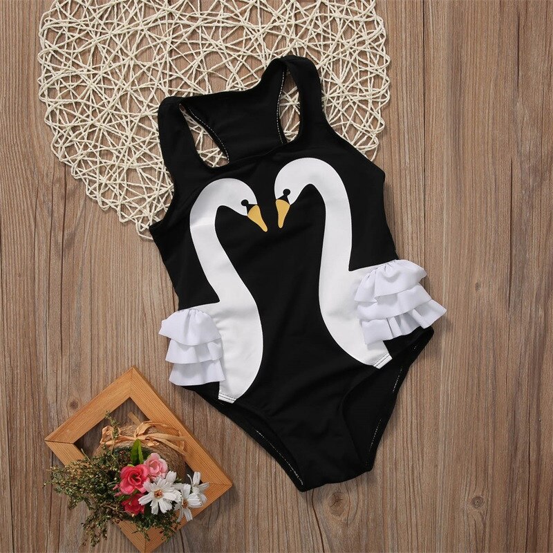 Pudcoco Summer Kids Swimwear Girls 3D Swan Print One Pieces Swimsuit Flower Halter Beach Pool Swimwear Bathing Suit 2-7T