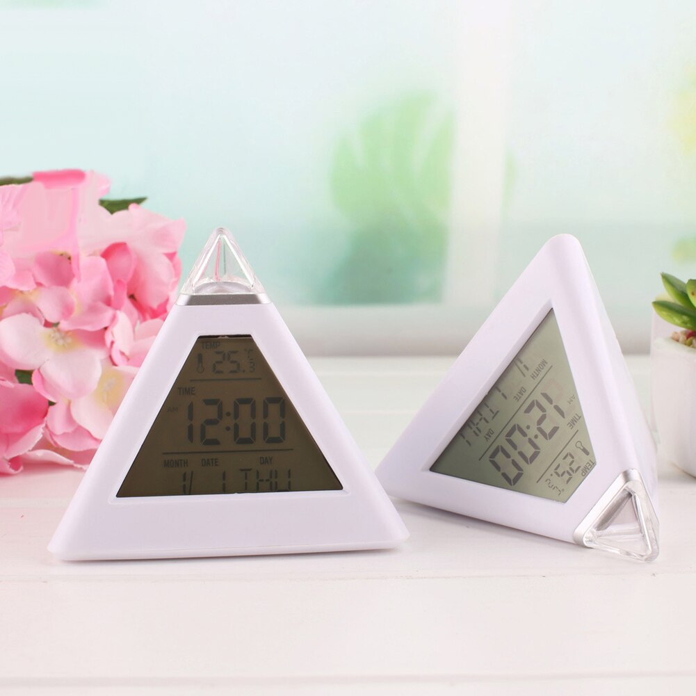 Salg! 7 farver skiftende led lys trekantet termometer kalender digital vækkeur mini nat lys kid værelse indretning