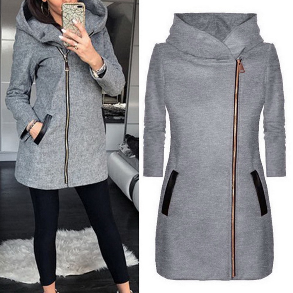 Herfst Winter Capuchon Dame Effen Kleur Lange Mouw Rits Sweatshirt Jas Vrouwelijke Mode Toevallige Slanke Uitloper Jas