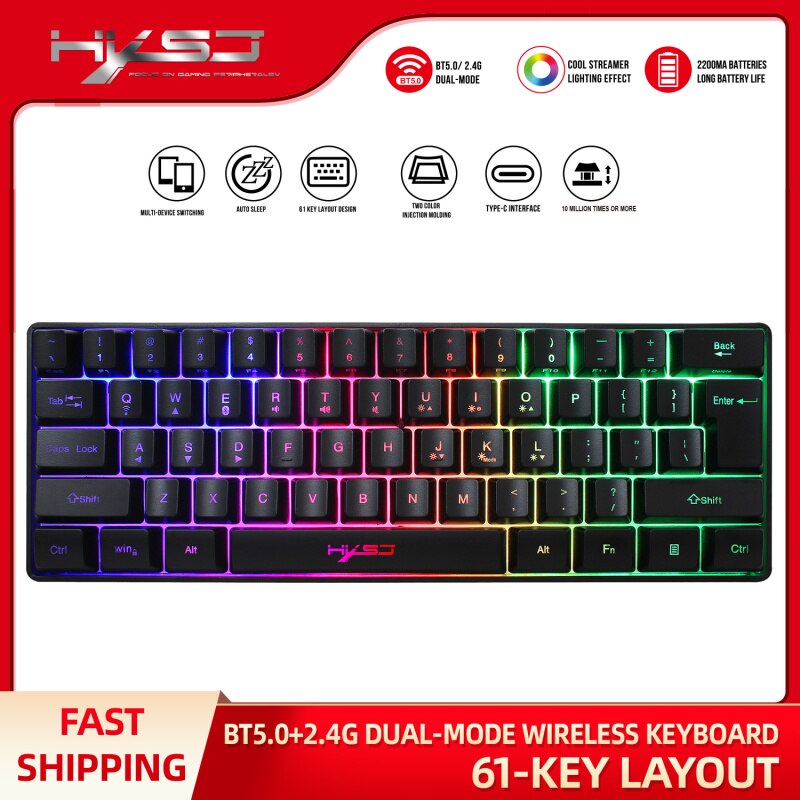 Wireless Gaming Keyboard 2200mAh LED Backlit Mini 61 Keys Keyboard with Bluetooth 5.1&amp;2.4G Wireless Dual Modes Compact Layout