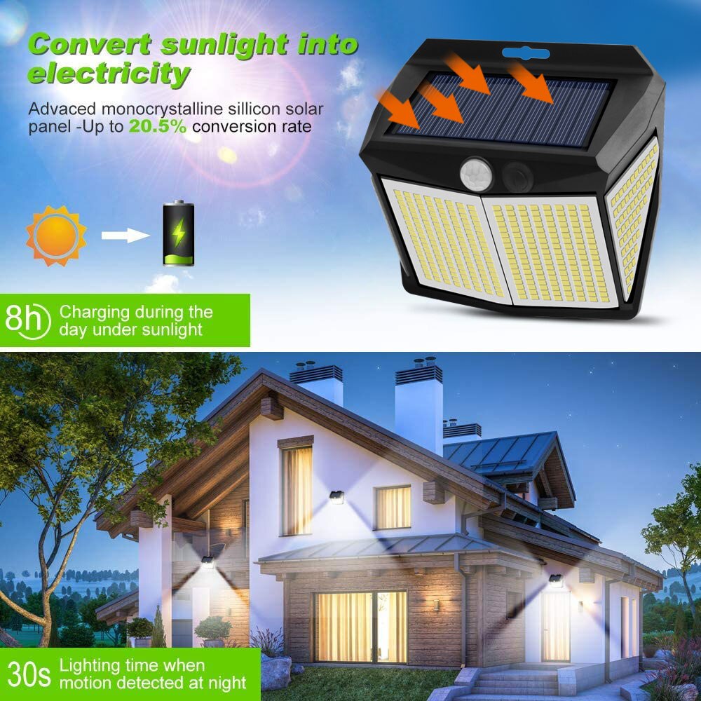 Luces solares 412 LED impermeables alimentadas por luz Solar, lámpara de pared de calle con 3 modos y Sensor de movimiento para decoración de Patio y jardín al aire libre