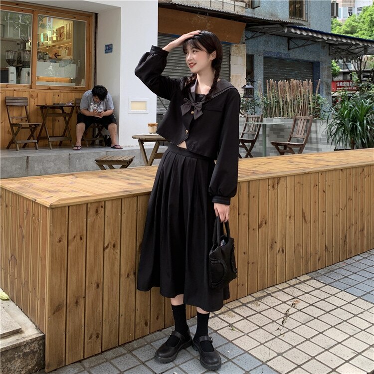 2pcs Women Autumn Winter Sailor JK Dress Suit Set Japan Preppy Style High School Uniform Navy Collar Bow Shirt Pleated Skirt