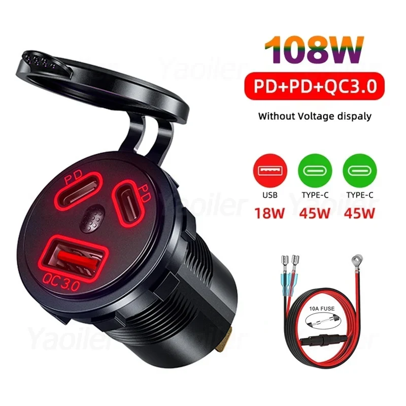 12V/24V USB-Steckdose 108W 3 Häfen Autoladegerät Dual 45W PD Typ C & 18W QC 3.0 USB-Ladegerät für Motorrad-Steckdose Ladeadapter: Grün