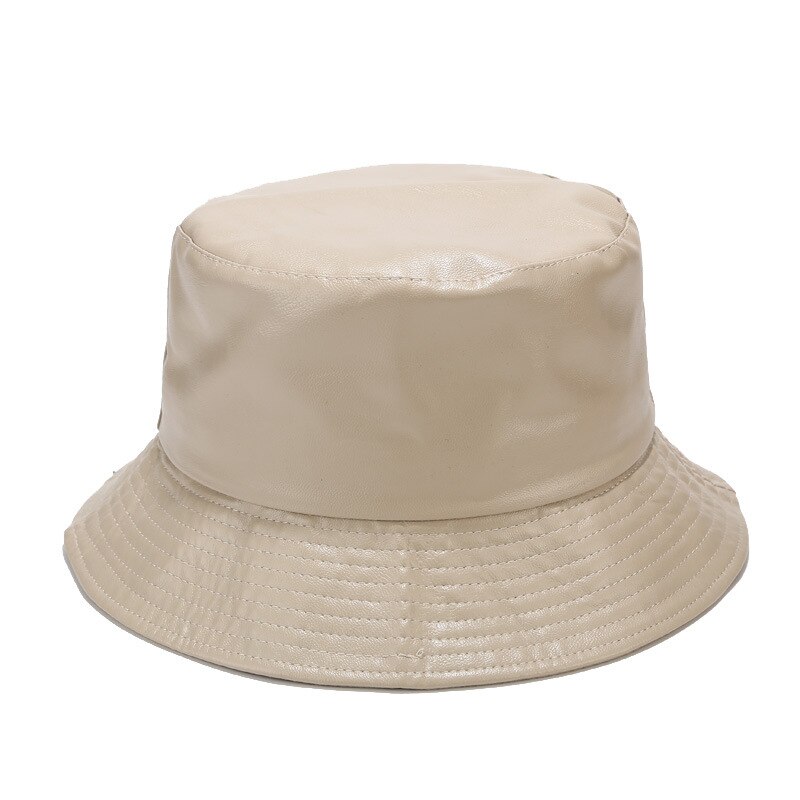 Retro pu læder spand hat kvinder mænd vinter efterår varm solid enkel fisker kasket sol regn vandtæt panama bassin hat: Beige hvid