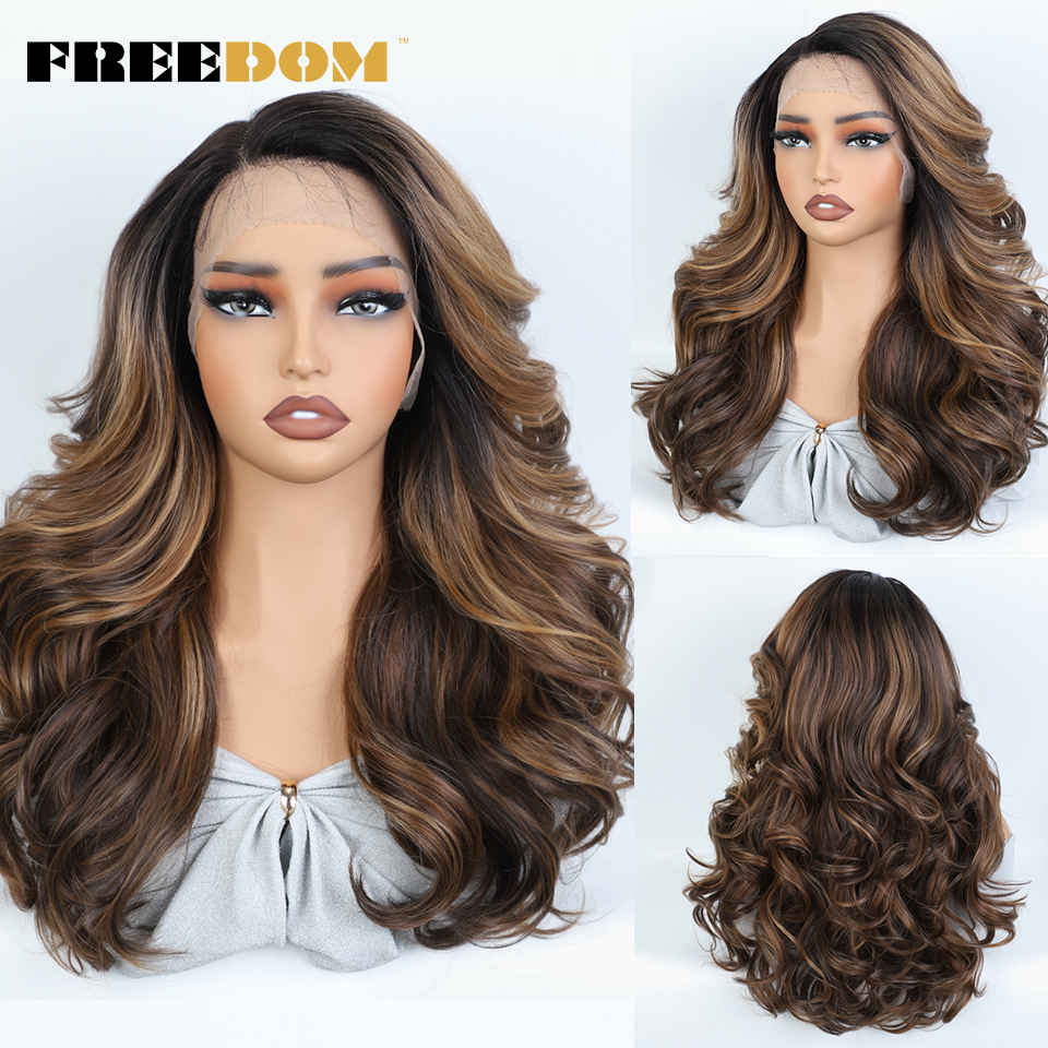 Pelucas delanteras de encaje sintético FREEDOM para mujeres negras, peluca de encaje ondulado de 22 pulgadas, pelucas rubias marrón Chocolate ombré, peluca de Cosplay