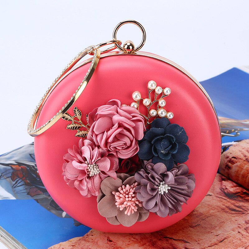 Sac de soirée circulaire, portefeuille de fête de luxe, organisateur de fleurs, pochettes, Mini porte-monnaie de mariage, LS0020: Rose chaud