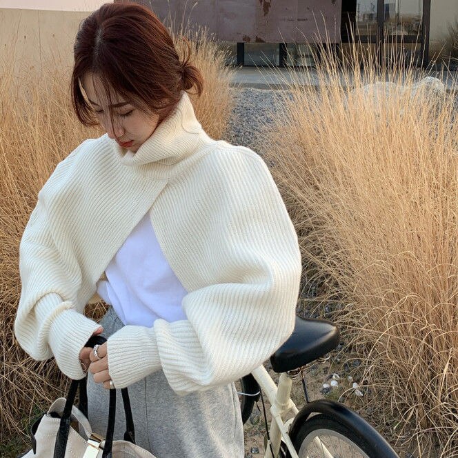 Irregular Turtleneck Shrugs Women Sweaters Loose Autumn Knitwear Bolero Jumpers Leisure Korean Chic Warm Tender: beige shrug / M