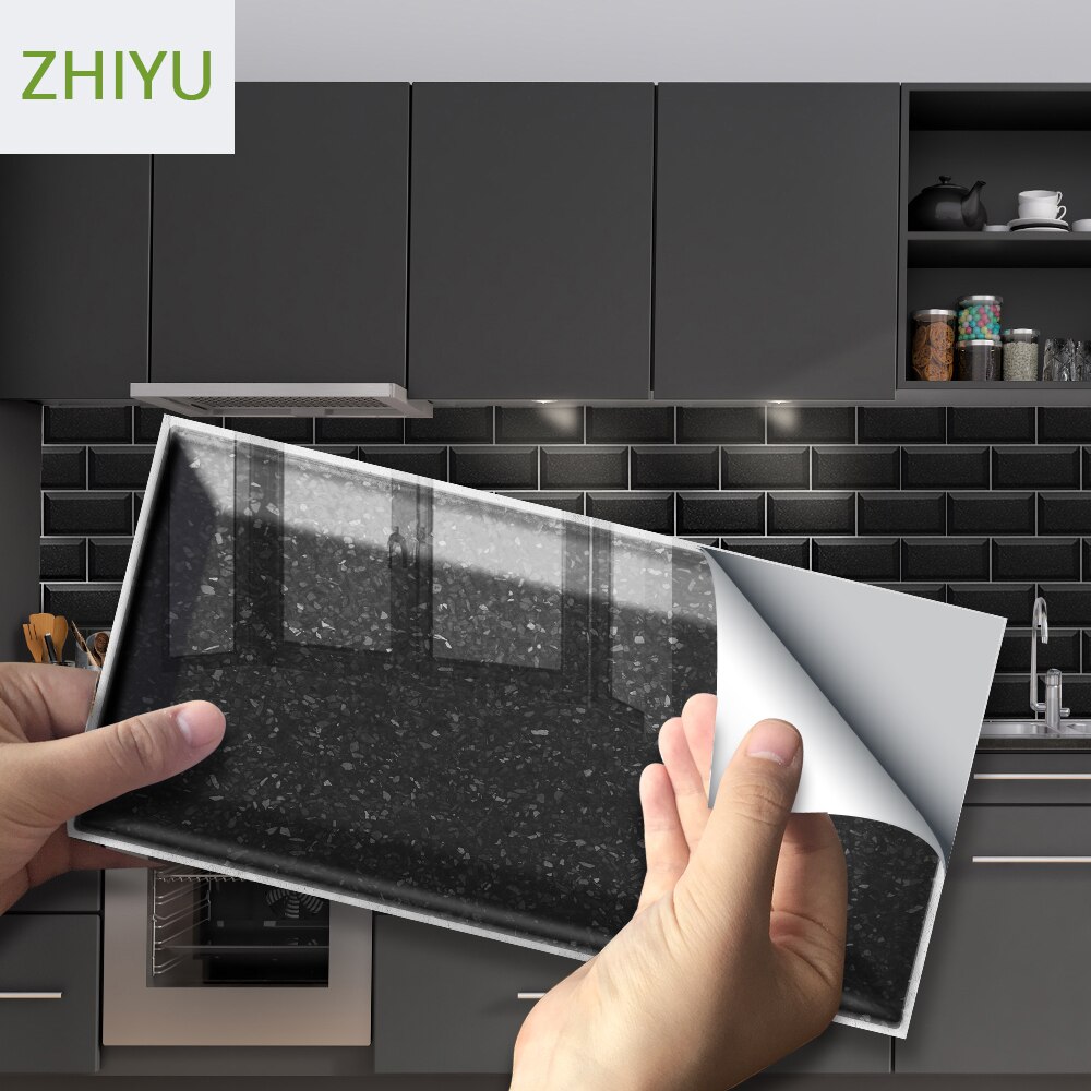 Black imitation terrazzo high temperature ceramic tile stickers PVC waterproof brick pattern self-adhesive 3d wall stickers