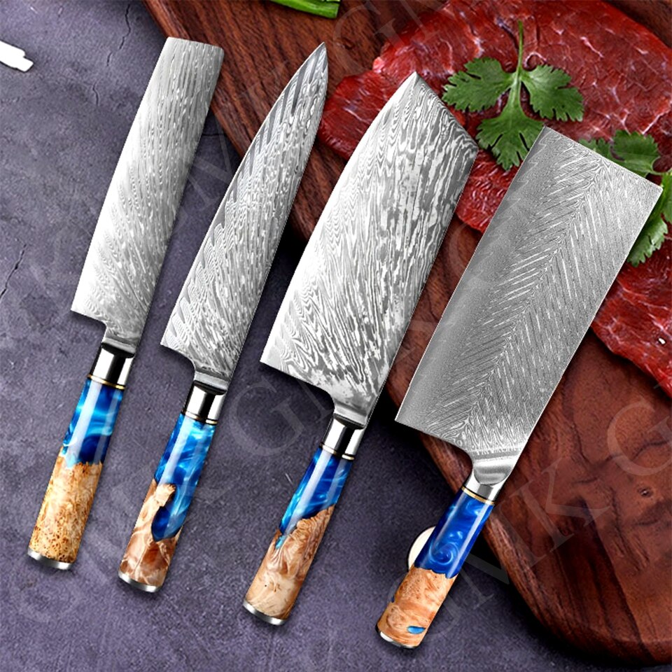 Kitchen Knives Set Chef Knife Damascus Steel High Carbon 9cr18 Cooking Set Forged Meat Cleaver Slicing Boning