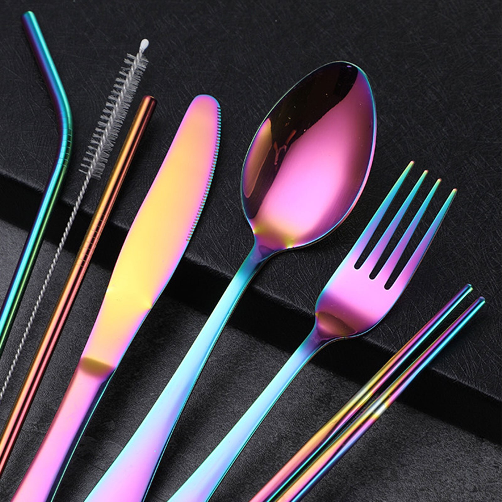 1set Tableware Reusable Travel Cutlery Set Camp Utensils Set with stainless steel Spoon Fork Chopsticks Straw Portable case
