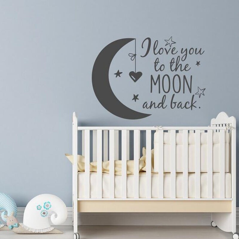 Muurstickers voor baby's en kinderen, maan, sterren, hart, vinyl, verwijderbare quote, ik hou van je tot de maan en terug naar huis.