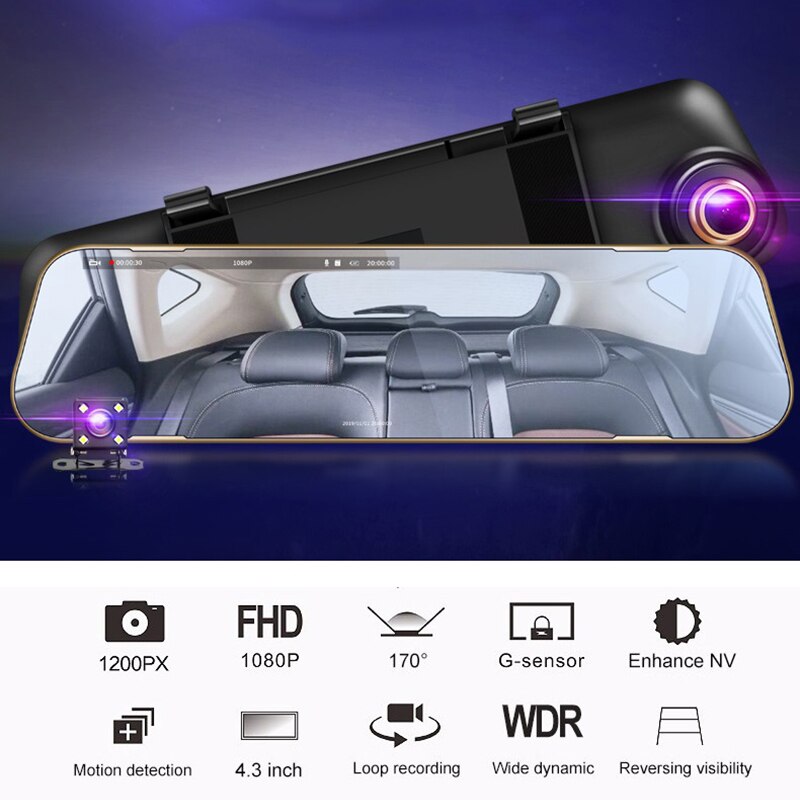 Caméra de tableau de bord de rétroviseur pour voiture, 1080P