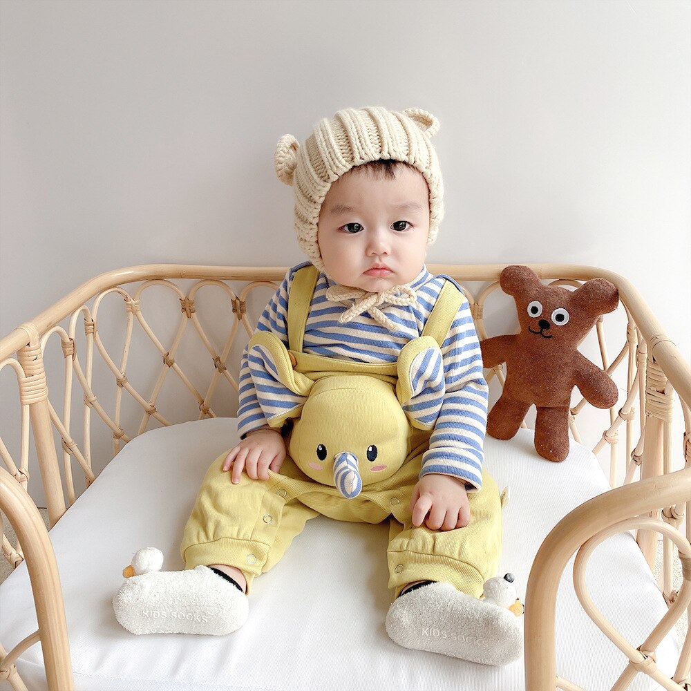 Conjuntos de ropa de primavera y otoño para recién nacidos, camisetas para bebés y niños, Top a rayas de elefante de dibujos animados + Mono de tirantes, ropa encantadora para