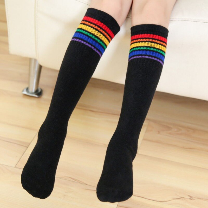 Kids Boys Girls Rainbow Striped Sock Children Soft Knee High Socks Cotton Student Football Sports Socks