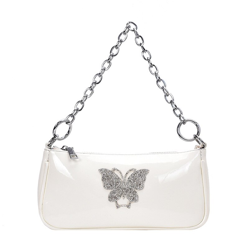 Vintage papillon perle chaîne femmes épaule bandoulière sacs diamant dames Baguette sacs à main sac d'aisselles soirée pochette sac à main: WHITE