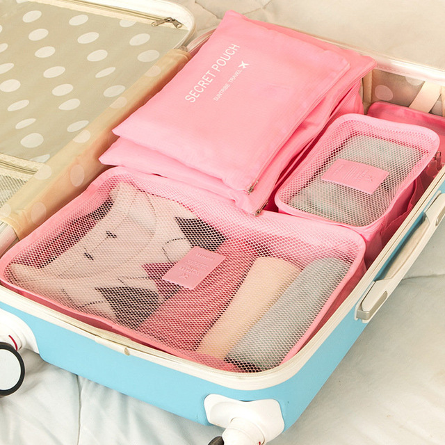 Nylon emballage Cube système de sac de voyage résistant 6 pièces un ensemble grande capacité de vêtements unisexe tri organiser sac: Rose