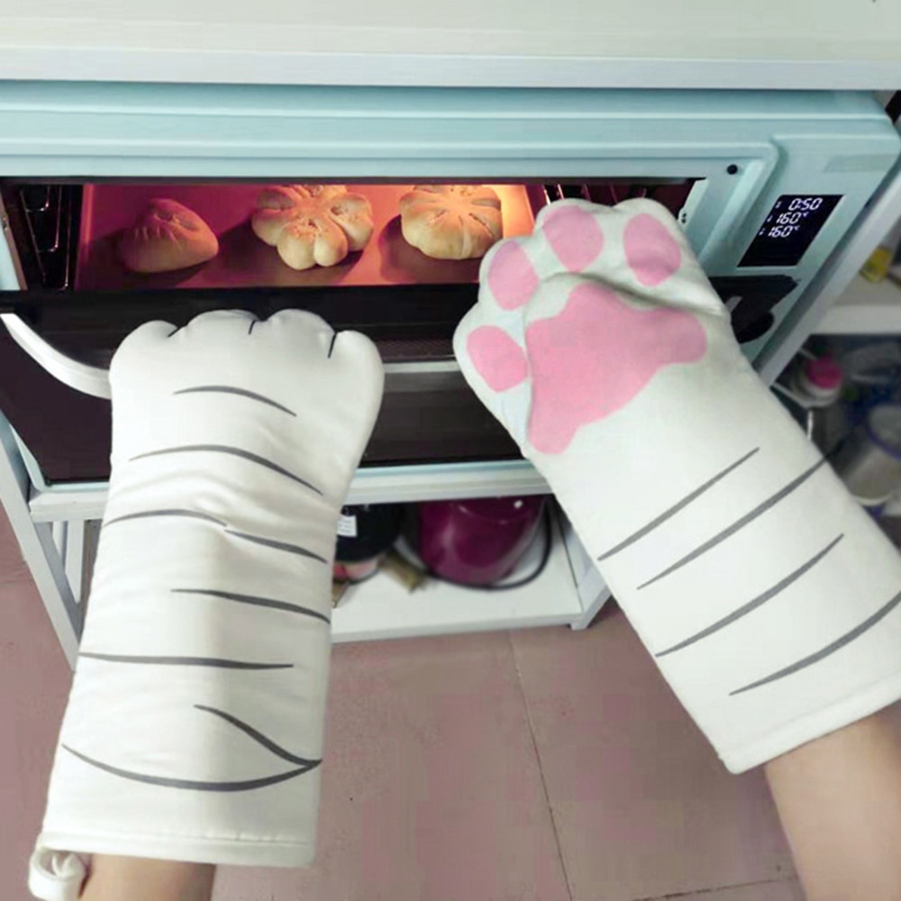 3D Cartoon Cat Paws Oven Mitts Long Cotton Baking Insulation Gloves Microwave Heat Resistant Non-slip Kitchen Gloves
