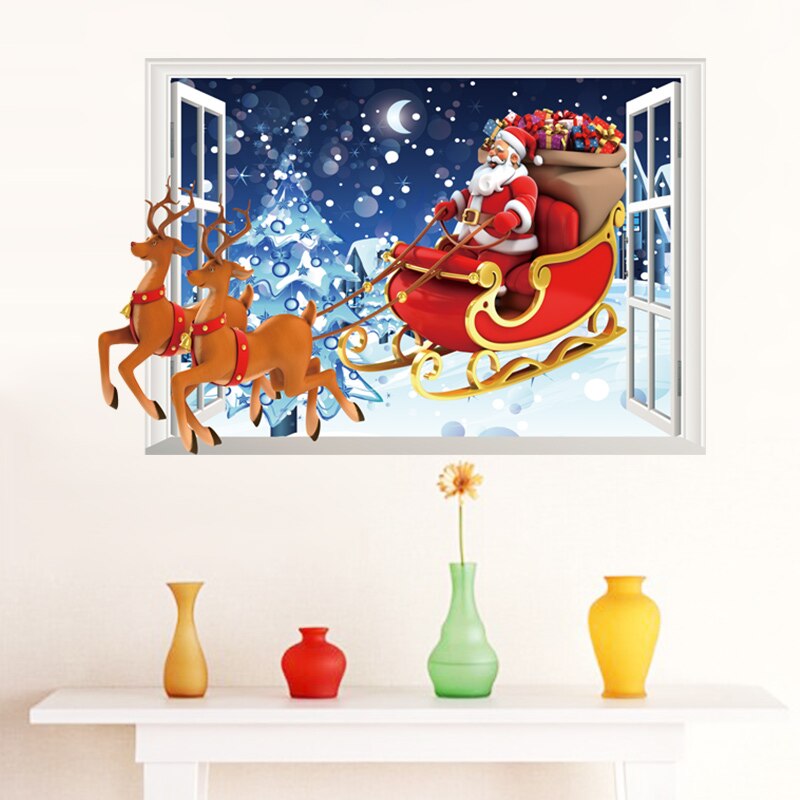 Merry Christmas Santa Claus 3D Window Wall Stickers For Home Decor Living Room DIY Shop Window Glass Xmas PVC Mural Art Poster