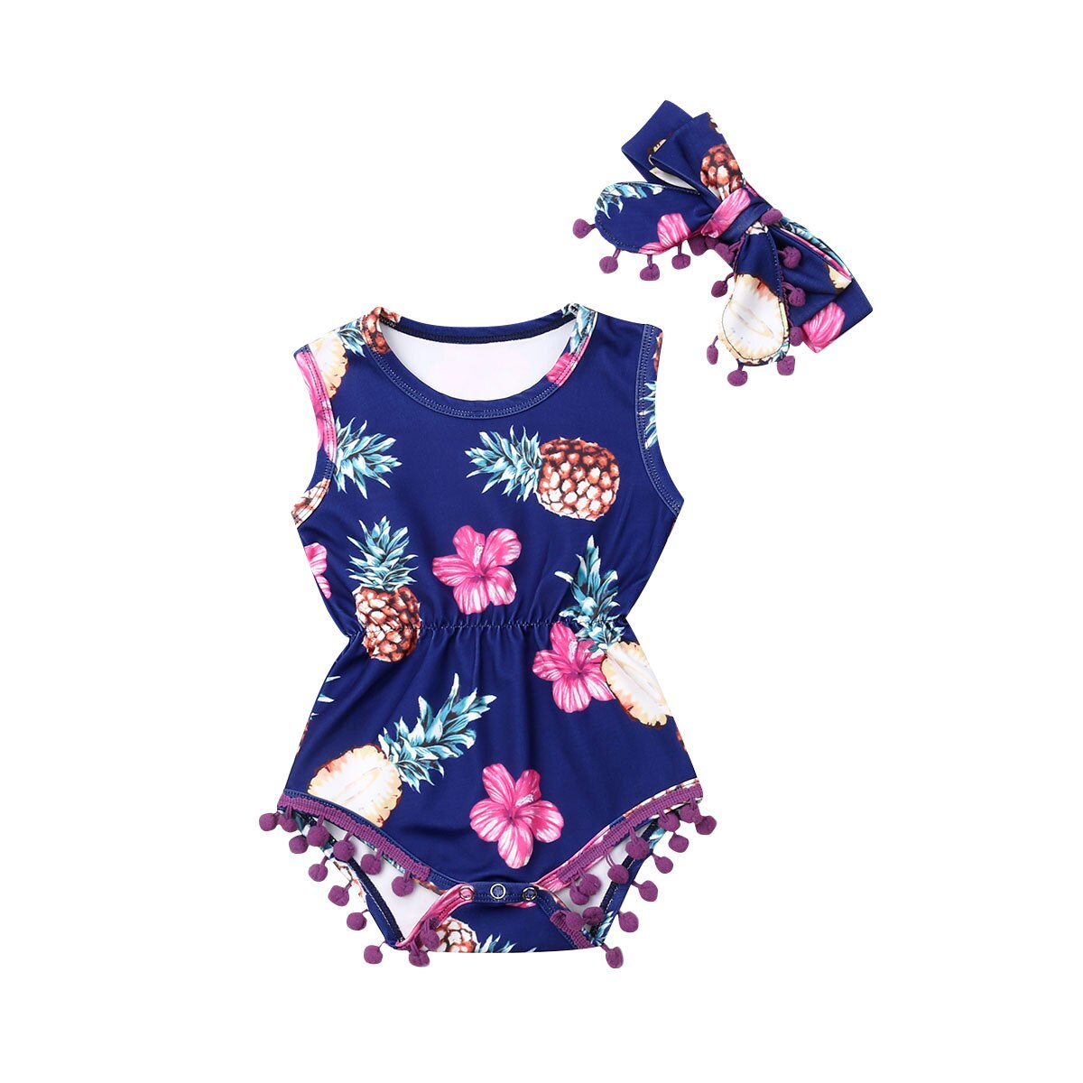 0-24M Baby Zomer Romper Kleding Pasgeboren Meisje Jongen Kwastje Hoofdband Ananas Outfit Mouwloze Bloemen Jumpsuit: Blauw / 6m