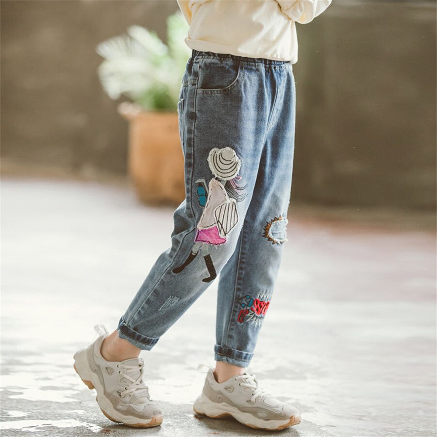 Filles jean pantalon enfants mignon dessin animé fleurs modèle denim jean printemps enfants décontracté bébé pantalons