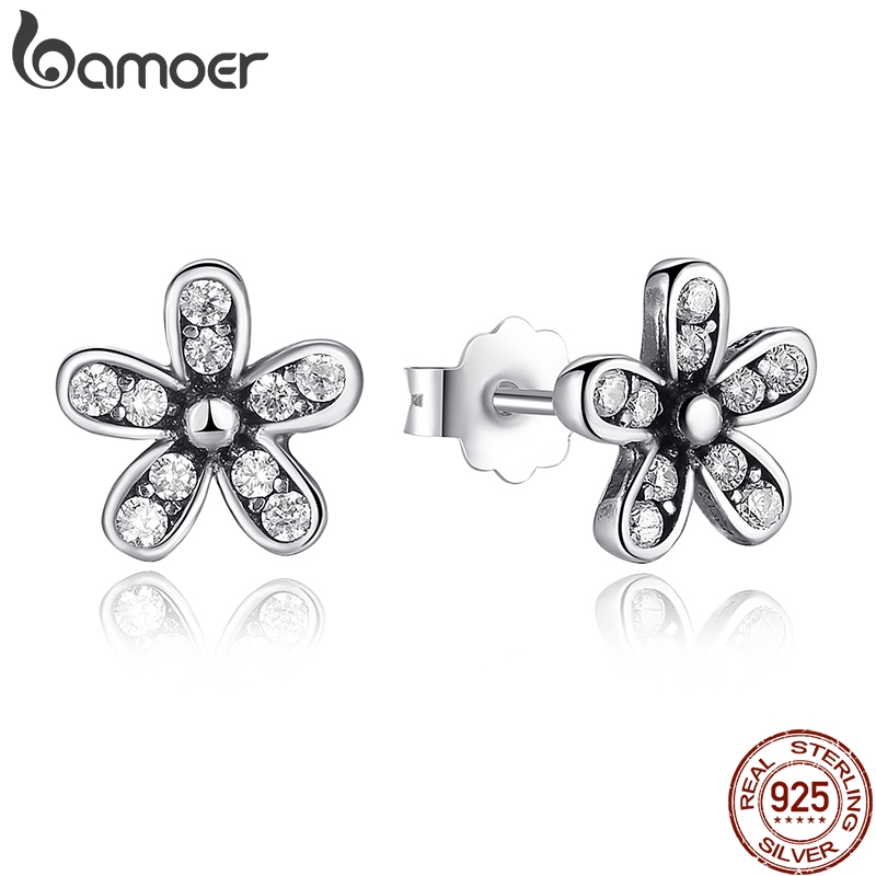 BAMOER Authentic 925 Sterling Silver Dazzling Daisy Stud Earrings With Clear CZ Jewelry ANNIVERSARY PAS403