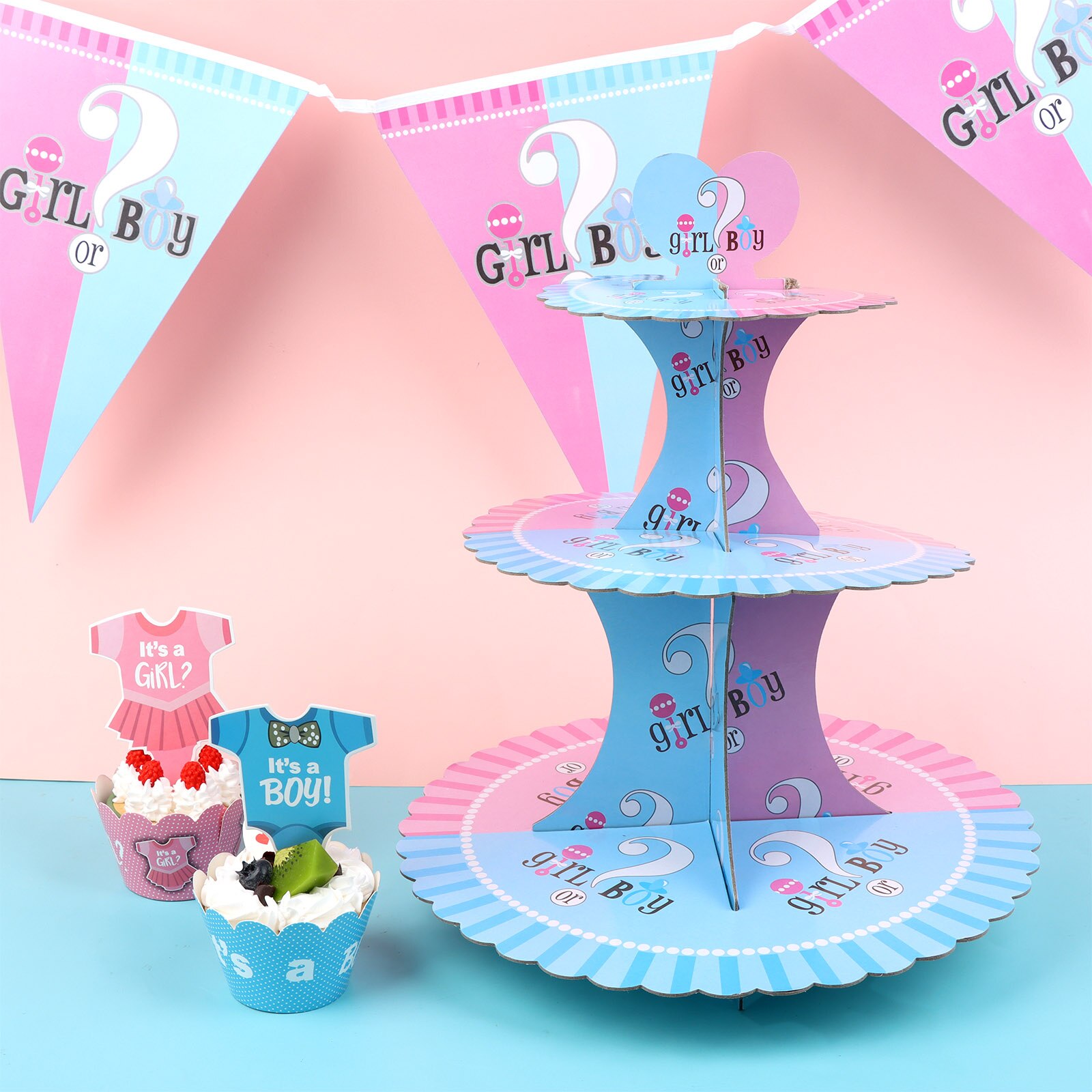 3-Tier Kartonnen Cupcake Stand 48 Stuks Cupcake Toppers Wrappers Blauw Roze Cupcake Party Cupcake Decoratie