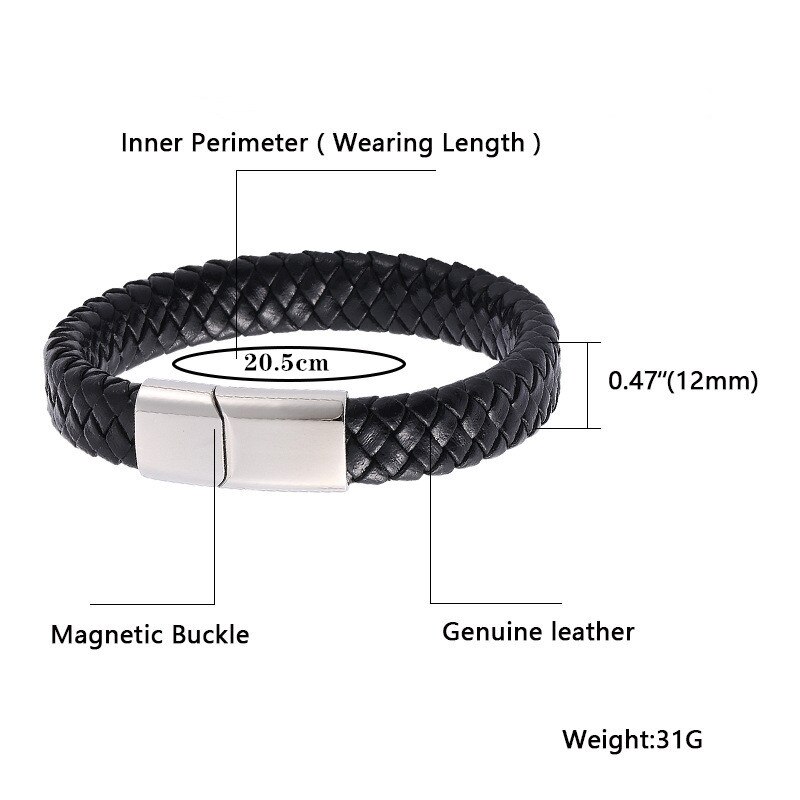 Punk gevlochten leren armband voor heren, handgemaakt in zilverkleur, roestvrij staal, armband met magnetische sluiting, herensieraden