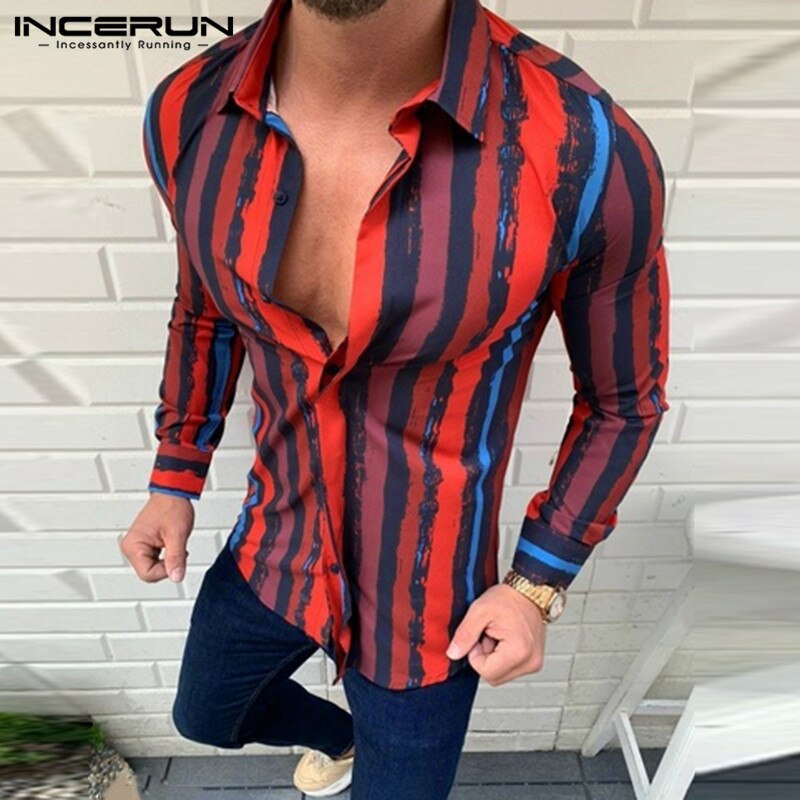 Incerun Herfst Gestreepte Shirts Heren Lange Mouwen Revers Camisa Causale Kleurrijke Knoppen Chemise Gezellige Streak Blouse Streetwear S-3XL