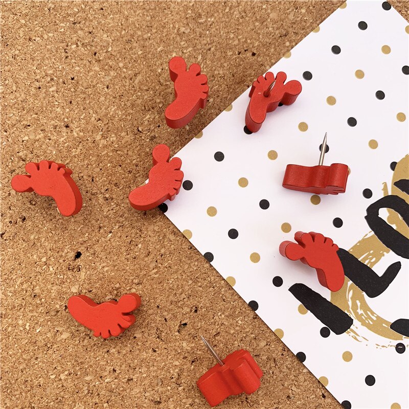 10pcs Wooden Push Pins Mark Tack Pin Map Labels Thumbtack Photo Wall Studs Scene Poster Pins Nails Red Foot Shaped Pushpin