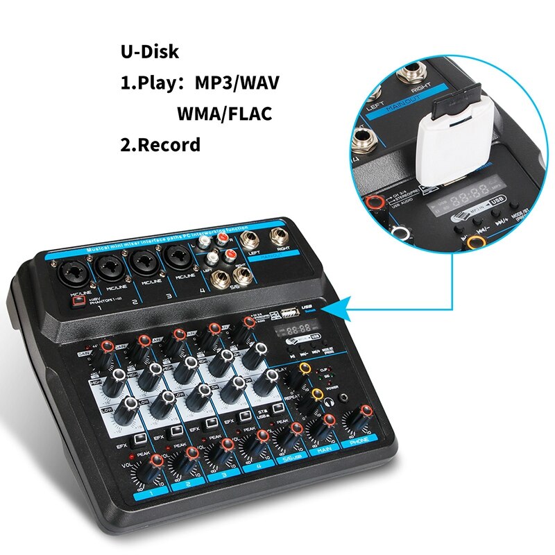 -M-6 Portable Mini Mixer Audio DJ Console with Sound Card, USB, 48V Phantom Power for PC Recording Singing Webcast Party(US P