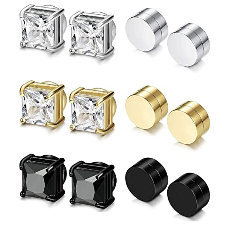 6 Pairs of Magnetic Earrings Men and Women Round Square CZ Magnet Non-piercing Clip Earrings Set Black Steel Gold