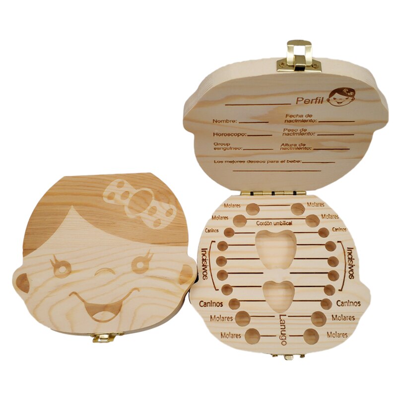Scatola di Immagazzinaggio di legno per I Bambini Del bambino Dente scatola Organizzatore Scatola di Immagazzinaggio per Il bambino Denti da Latte Raccogliere Organizador Spagnolo e Inglese caso: GirlSpanish