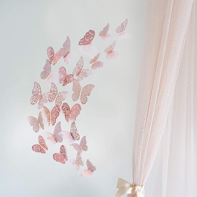 3 sæt 36 stk lyserøde / rosa guld hule sommerfugle 3d væg mærkat mærkat diy dekor plakat til hjem sommerfugle klistermærker fest bryllup