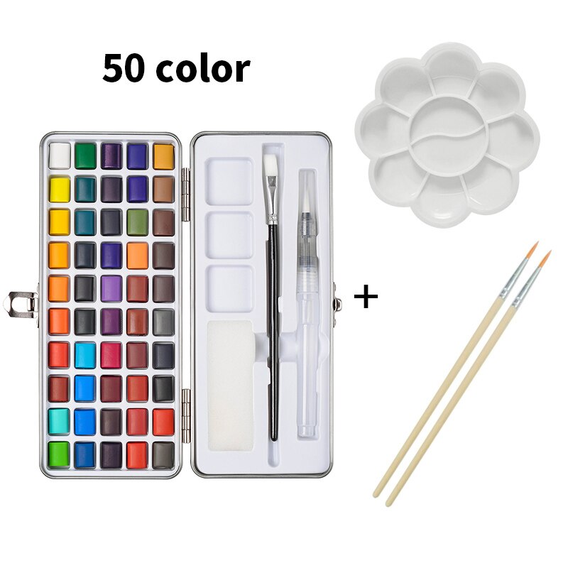 50/90 Colors Solid Watercolor Paint Set Contains Brushes in a Portable Metal Box for Beginner Drawing Painting Art Supplies: 50 color