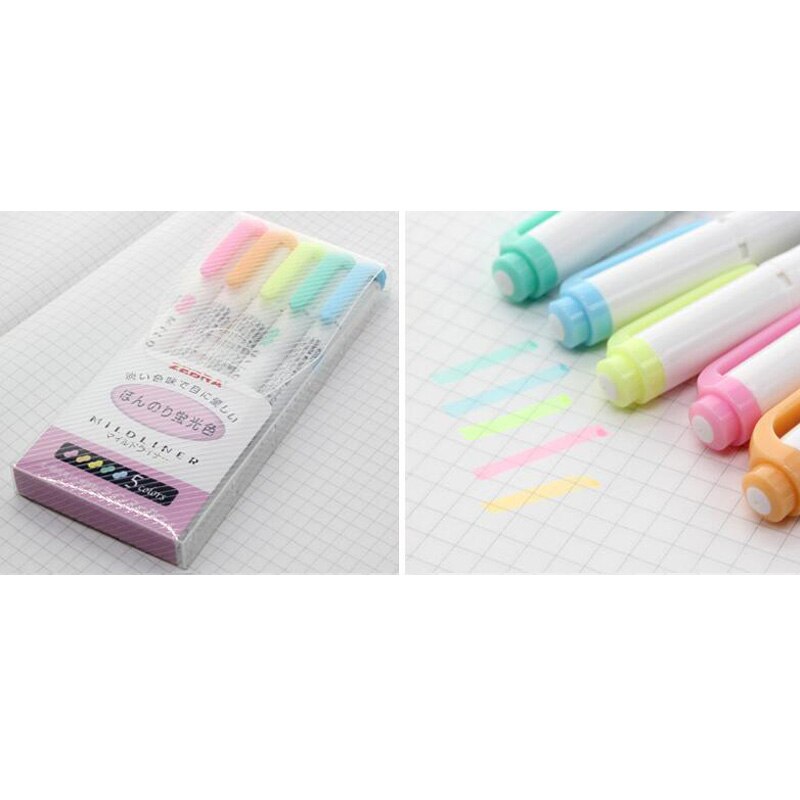 Original zebra mildliner highlighter dobbelt liner highlighter maker pen japansk mild liner highlighter pen: 5 stk fluoriserende farve
