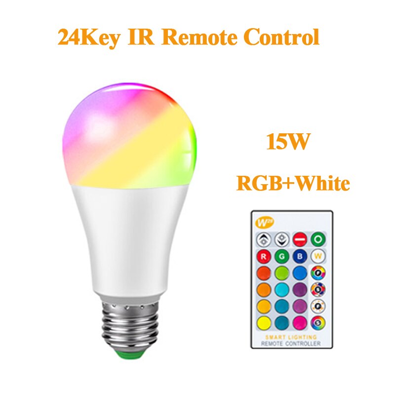 Wifi pære smart lys bluetooth app kontrol  e27 led lampe rgb rgbw rgbww magisk pære 5w 10w 15w spotlight boligindretning 85-265v: 15w rgbw 24 nøgle