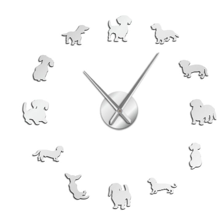 Reloj de pared DIY para amantes de los perros, pegatinas de espejo con de perro salchicha, grande perro de raza, decoración de tienda de mascotas, colgante: Silver / 47inch