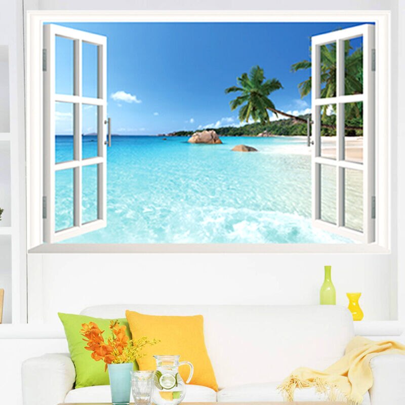 Wall Stickers 90 60 cm Beach Sea Print 3 D Window View Scenery Wall Sticker Landscape Decor Decals Removable
