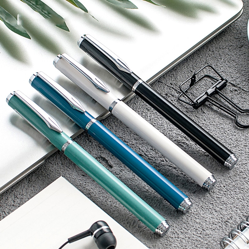 Pluma estilográfica de Clip plateado de 1 pieza, negra, blanca, azul, verde, para elegir, Punta pequeña de 0,38mm, bolígrafos de tinta metálica para escribir para estudiantes