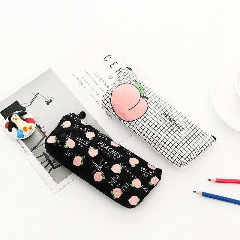 Estuche escolar Kawaii de lona para lápices de frutas y melocotón, estuche escolar para bolígrafos para niña, bolsa de lápices Kawaii, material escolar