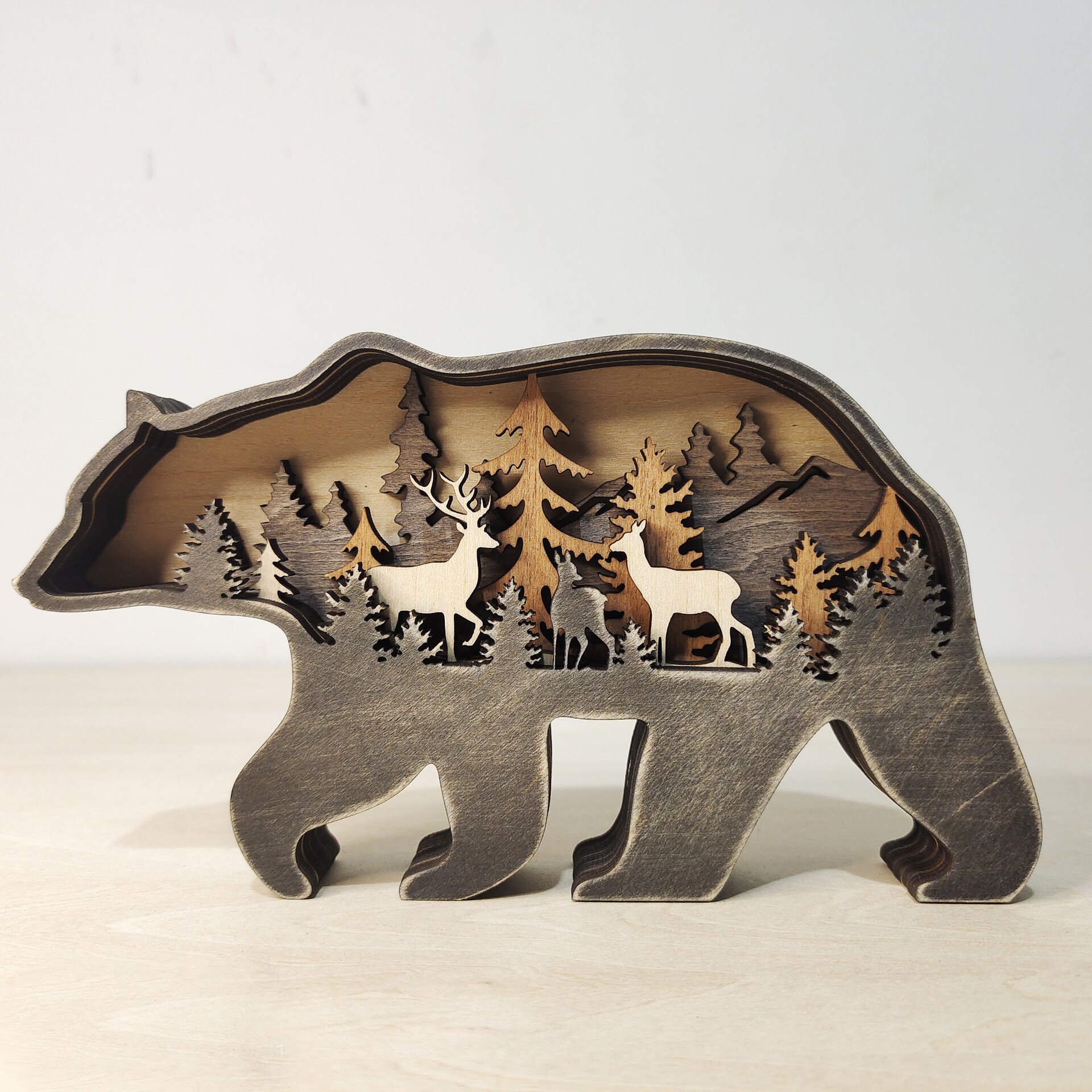 Estatua de lobo Animal de madera, tótem de lobo , artesanía decorativa para oficina y hogar, de Navidad, adornos de oso marrón de alce del bosque del norte: With Light / Bear