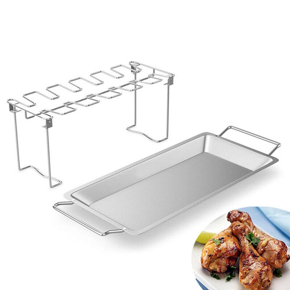 1PC de acero inoxidable ala de pollo pierna Rack soporte de parrilla con goteo Pan para la cocina de campo barbacoa delicioso pollo baquetas L * 5