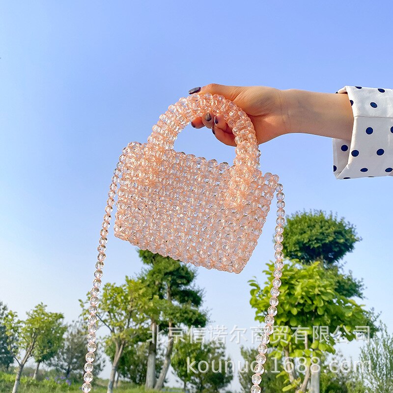 Transparent Crystal Glass Pearl Bags Women Handmade Handbag Bling Hollow Clear Top Handle Hand Bags Summer Beach Party Purse Bag: 3