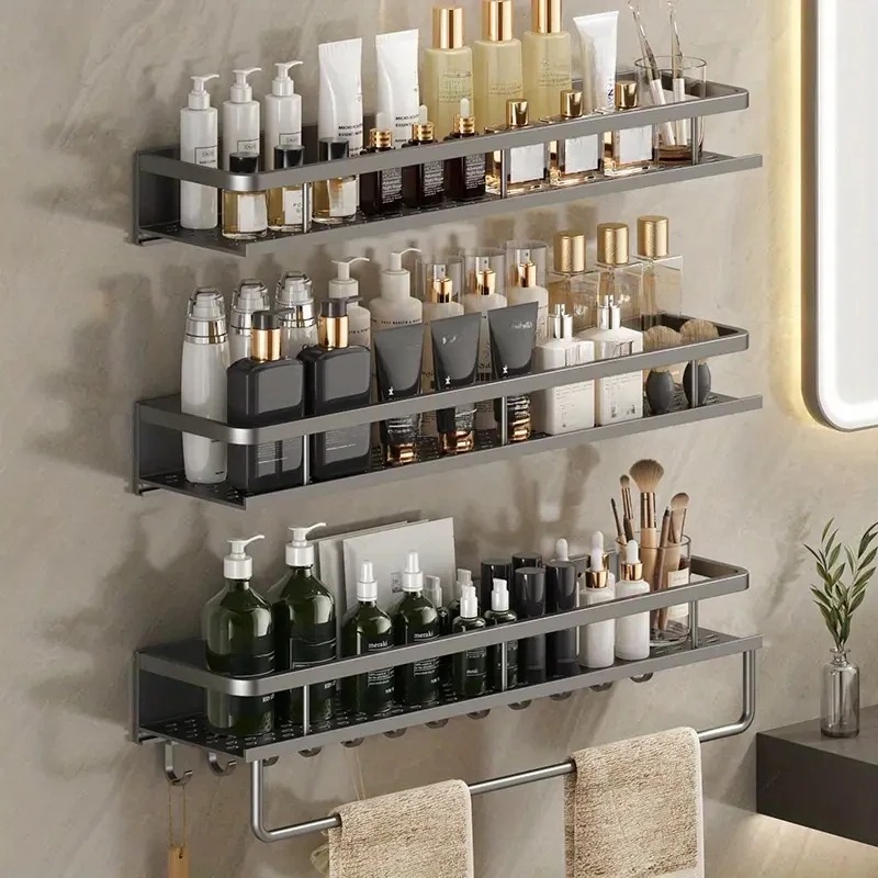 Estante para baño, organizador de almacenamiento de maquillaje, estante para champú de aleación de aluminio, estante ducha, accesorios de baño, estante de pared sin taladro repisa pared baño estanterías de baño