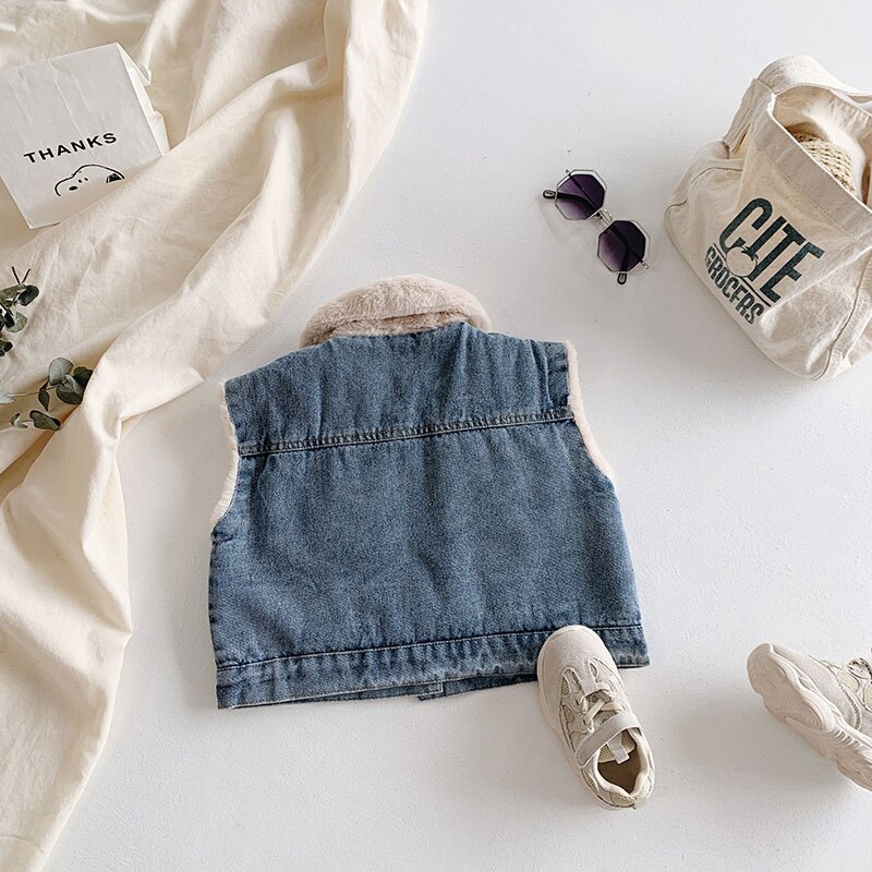 Neue Denim Art Weste Winter Mäntel Warme Vlies Baby Mädchen Jungen Weste freundlicher Outfits freundlicher Oberbekleidung Für 70-140cm