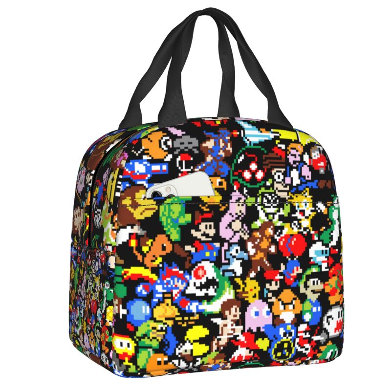 Classic Video Arcade Game Collage Insulated Lunch Bag Reusable Cooler Thermal Lunch Box Women Children Food Container Tote Bags: GRAY