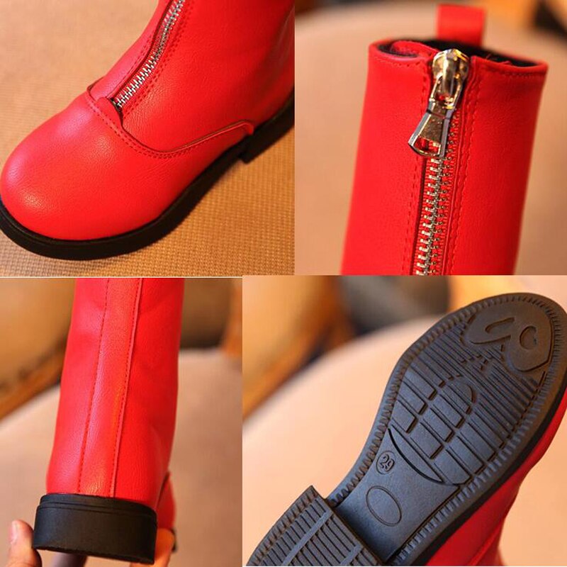 Winter Herfst Kinderen Meisjes Leren Laarzen Kinderen Martin Laarzen Zwart Rood Mode Boot Mid-Kalf Met Rits SH036