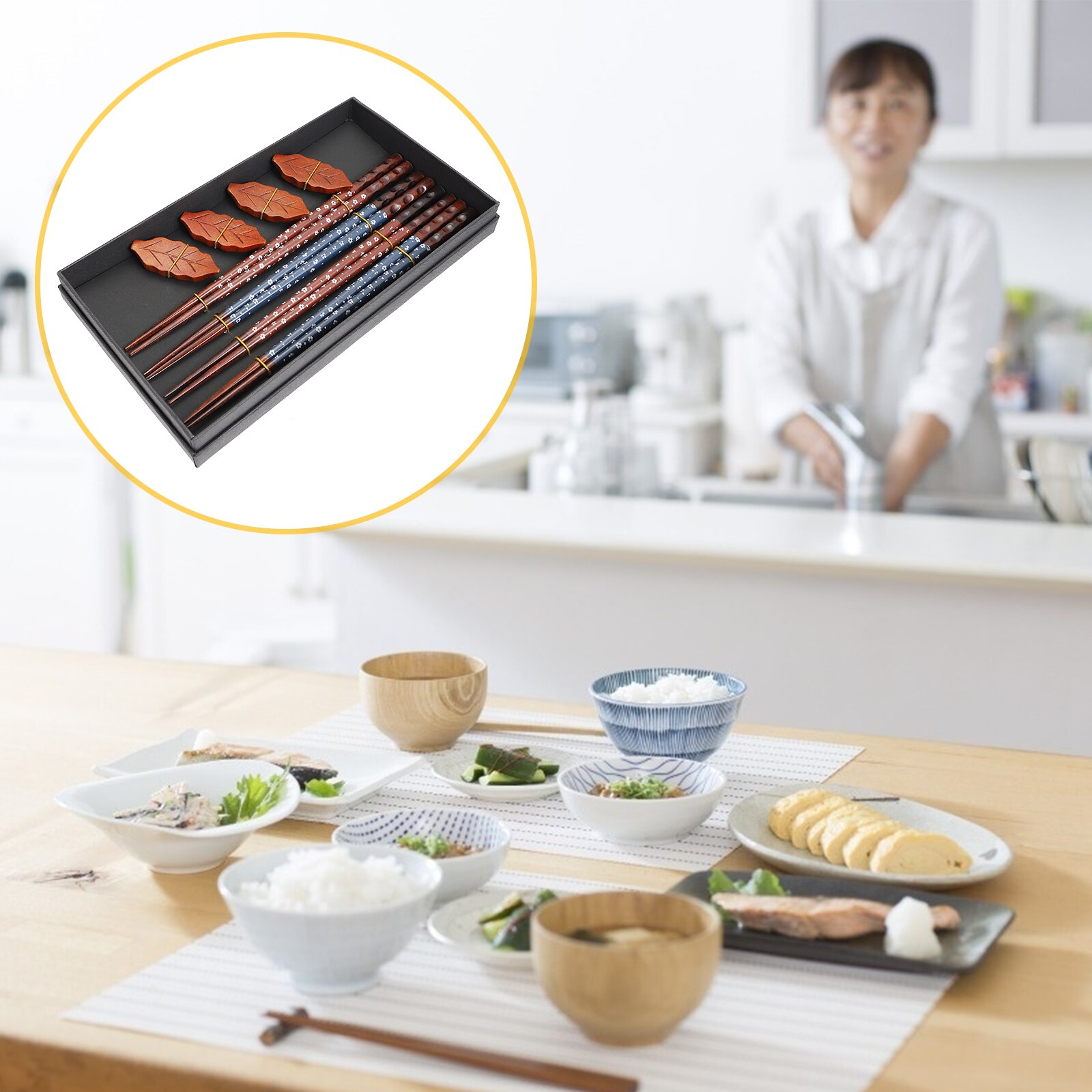 1 Set Wooden Chopsticks 4 Pairs Of Chopsticks Chopstick Holder: Assorted Color 3